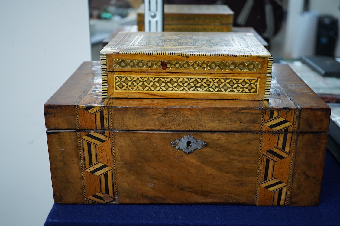 A Victorian walnut and parquetry box, a small group of minerals and an inlaid box, largest 30cm